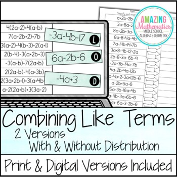 Preview of Combining Like Terms and Simplifying Expressions Matching Activity Worksheet