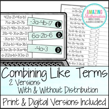 combining like terms and simplifying expressions matching activity worksheet