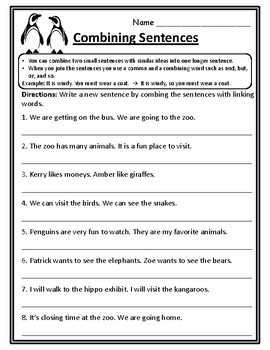 Preview of Combining Sentences Worksheet Combining Sentence Practice Conjunctions Worksheet