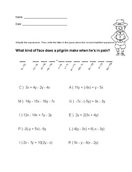 Preview of Combining like terms and distributive property - puzzle decoding worksheet