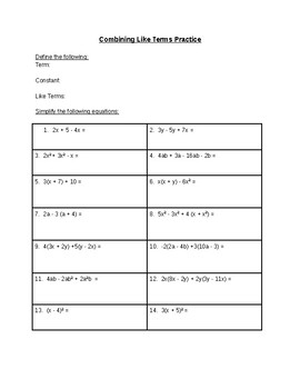 Preview of Combining like terms practice