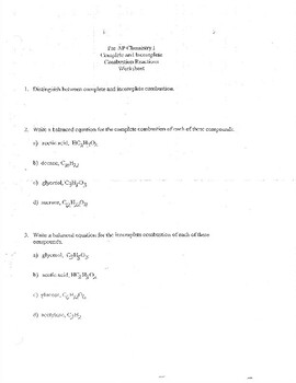 Combustion Reactions Worksheet by All Your Chemistry Needs TPT
