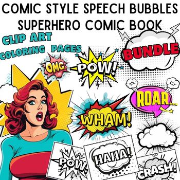 Preview of Comic Style Speech Bubbles Clip Art + Superhero Comic Book Coloring Pages BUNDLE