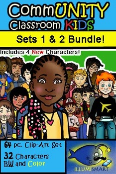 Preview of CommUNITY Classroom Kids BUNDLE: Sets 1 & 2 (64 pc. Clip-Art w/ 4 New Kids!)!)