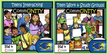CommUNITY High School Teen Work & Study Groups: 14 pc. Clip-Art Set! BW &  Color