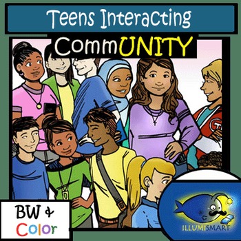 CommUNITY High School Teens Interacting: 14 pc. Clip-Art Set! BW & Color