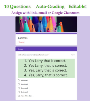 Preview of Commas Quiz - Digital Google Forms™ Punctuation Assessment - Distance Learning