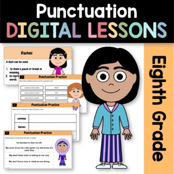 Preview of Comma, Ellipsis, Dash 8th Grade Interactive Google Slides | Grammar Practice
