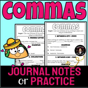 Preview of Comma JOURNAL NOTES or PRACTICE + Printable + FUN and Engaging Sentences