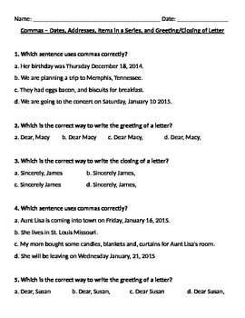 Preview of TN Language SPI 1.1.9 Comma Practice - In a series, In dates, and In addresses