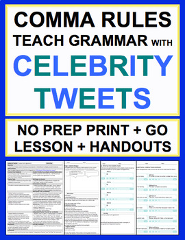 Preview of Comma Rules Celebrity Tweets Grammar No Prep Lesson Plan & Worksheets
