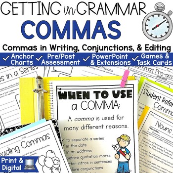 Preview of Comma Rules In a Series Practice Worksheets Anchor Chart 3rd 4th 5th Grade