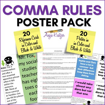 Preview of Commas Anchor Chart - Comma Rules Poster Pack - Comma Splice - Commas in a List