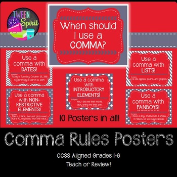 Preview of Comma Rules Posters for Elementary and Middle Grades! (Red and Gray)