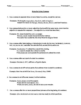 Preview of Comma Rules, Comma Review Worksheet #2, and Detailed Answer Key