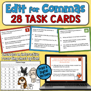 Preview of Comma Rules Task Cards: Proofreading Practice for Commas 4th and 5th Grade