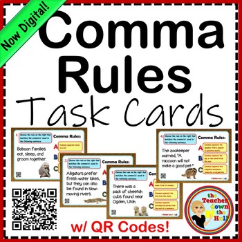 Preview of Comma Rules Task Cards with QR Codes NOW Digital!