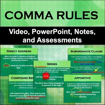 Preview of Comma Rules- Video, PowerPoint, Notes, Homework, Quizzes, & Test
