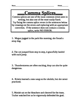 Comma Splice Practice by Siebstuff Teachers Pay Teachers