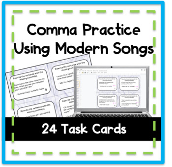 Preview of Comma Task Card Activity with Songs Paper and Digital | Distance Learning