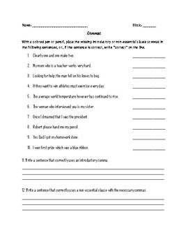 Comma Use Worksheet by Kylie Herrington | Teachers Pay Teachers