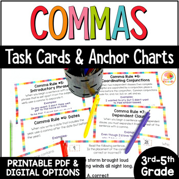 Preview of Comma Rules Anchor Charts & Task Cards Activities: Commas in a List and MORE!
