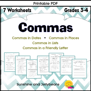 Preview of Commas in Dates - Places - Lists - Letters - Grades 2-3-4 - 7 worksheets - CCSS