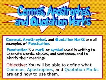 Preview of Commas, Apostrophes, and Quotation Marks PPT with Audio Narration Grades 2-4