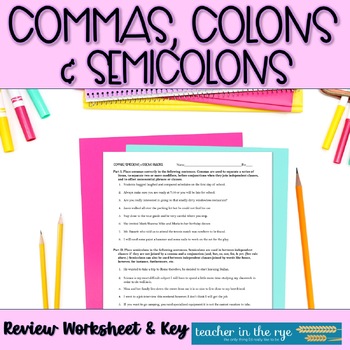 Preview of Commas Semicolons and Colons Worksheet Mechanics Practice Middle or High School