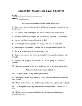 Preview of Commas Worksheet: Clauses and Equal Adjectives
