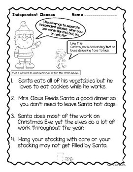 Commas and Clauses - Santa Themed Poster, Worksheets, and a Craft