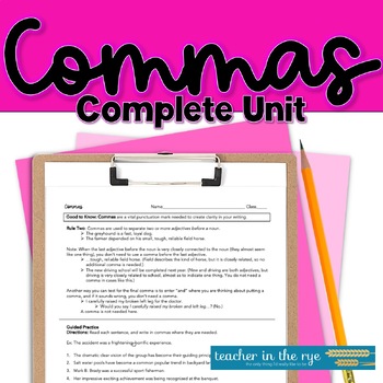 Preview of Commas and End Marks Unit Rules, Worksheets, Review & Quiz Middle or High School