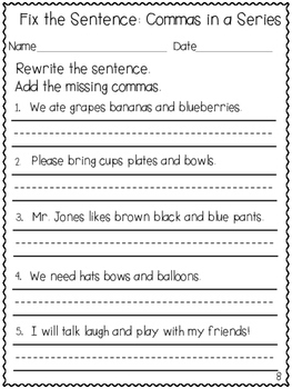 Commas for Beginners Practice Sheets by Brandy Shoemaker | TpT