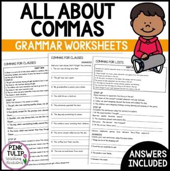 Preview of Commas for Clauses, Commas for Lists - Grammar Worksheets with Answers