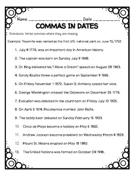 Commas in Dates Worksheet by Learning is Lots of Fun TPT