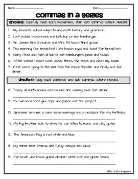 Commas in a Series Worksheet by Mr and Mrs Brightside | TpT