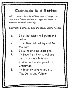 Commas in a Series Worksheet by ValNT TPT