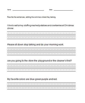 Commas in a series worksheet - second grade - Elementary by Joanne ...