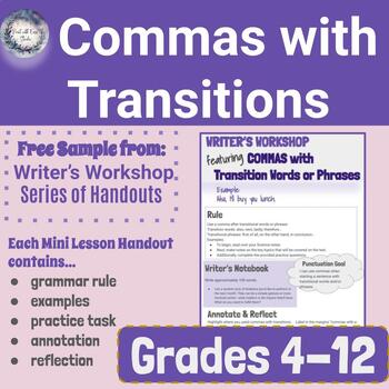 Preview of Commas with Transition Words & Phrases- Writer's Workshop Rule & Writing Prompt