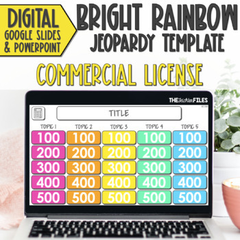 Preview of Commercial Use Editable Jeopardy Template Google Slides Bright Rainbow Games