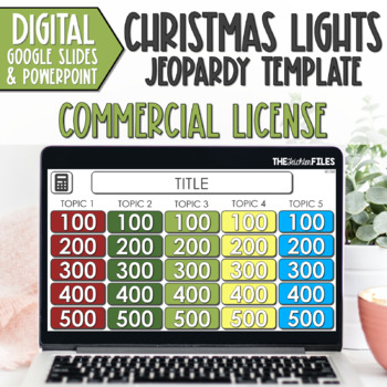 Preview of Commercial Use Editable Jeopardy Template Google Slides Christmas Lights Games