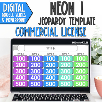 Preview of Commercial Use Editable Jeopardy Template Google Slides Neon 1 Classroom Games