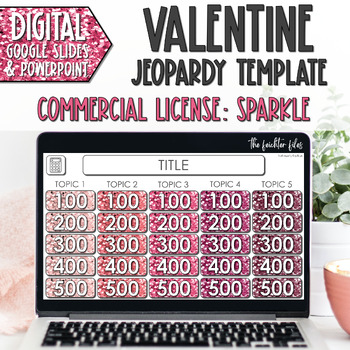 Preview of Commercial Use Editable Jeopardy Template Google Slides Valentine Sparkle Games