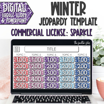 Preview of Commercial Use Editable Jeopardy Template Google Slides Winter Sparkle Games