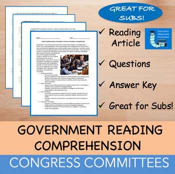 Preview of Committees in Congress - Reading Comprehension Passage & Questions