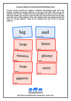 Preview of Common Adjectives and Synonyms Matching Center