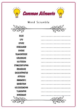 Preview of Common Ailments : Word Scramble Challenge Worksheet Exercise
