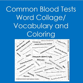 Preview of Common Blood Tests Word Collage (Coloring, Health Sciences, Nursing, Phlebotomy)