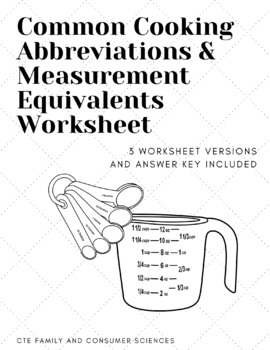 Preview of Common Cooking Abbreviations & Measurement Equivalents Worksheet (Culinary Arts)