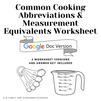 Preview of Common Cooking Abbreviations & Measurement Equivalents Worksheet - GOOGLE DOC